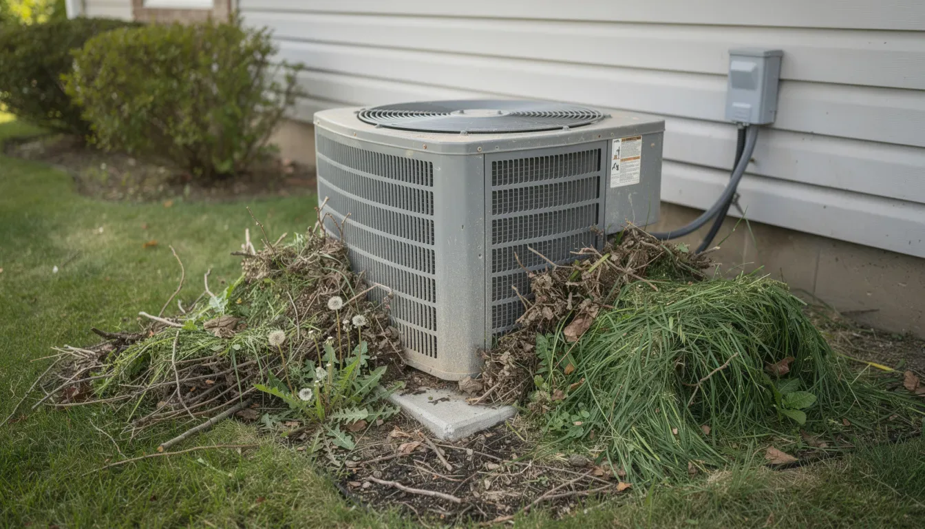 An outdoor ac condenser unit is partially obscured by landscaping debris and grass clippings, indicating potential issues with airflow. This debris can affect the cooling process, leading to the air conditioning system blowing warm air instead of the desired cool air.