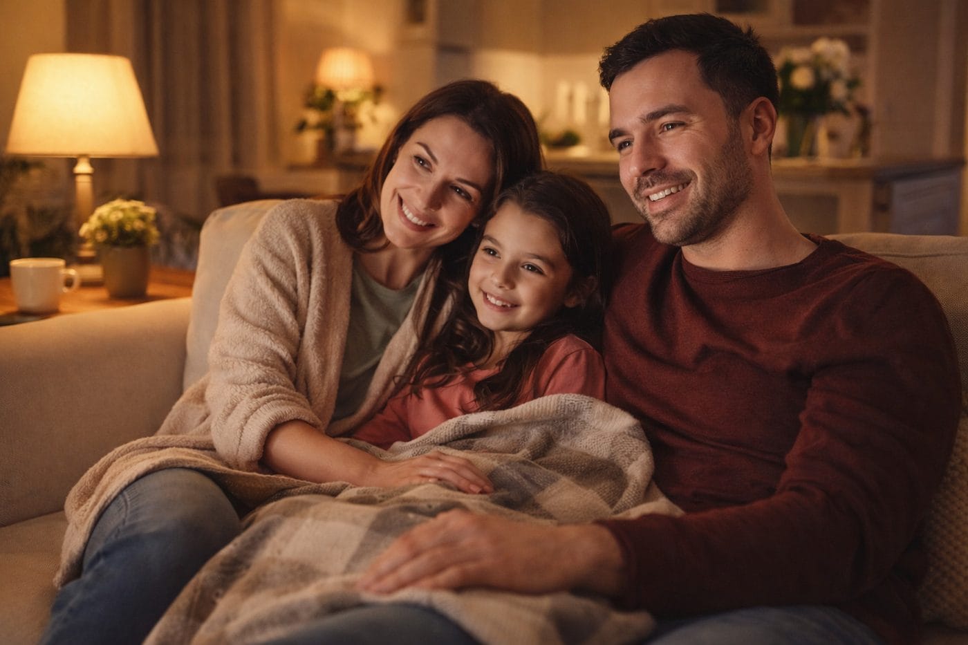 Smiling family enjoying comfortable home with radiant heat in bucks county
