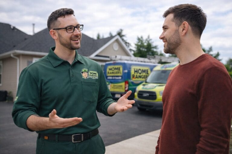 Home rangers technician reviewing home service options