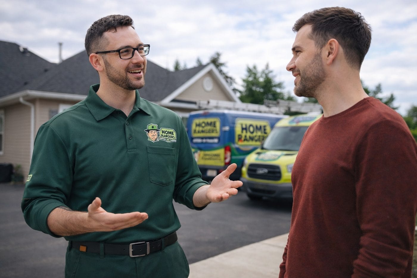 Home rangers technician consulting with homeowner outside residential home in pennsylvania
