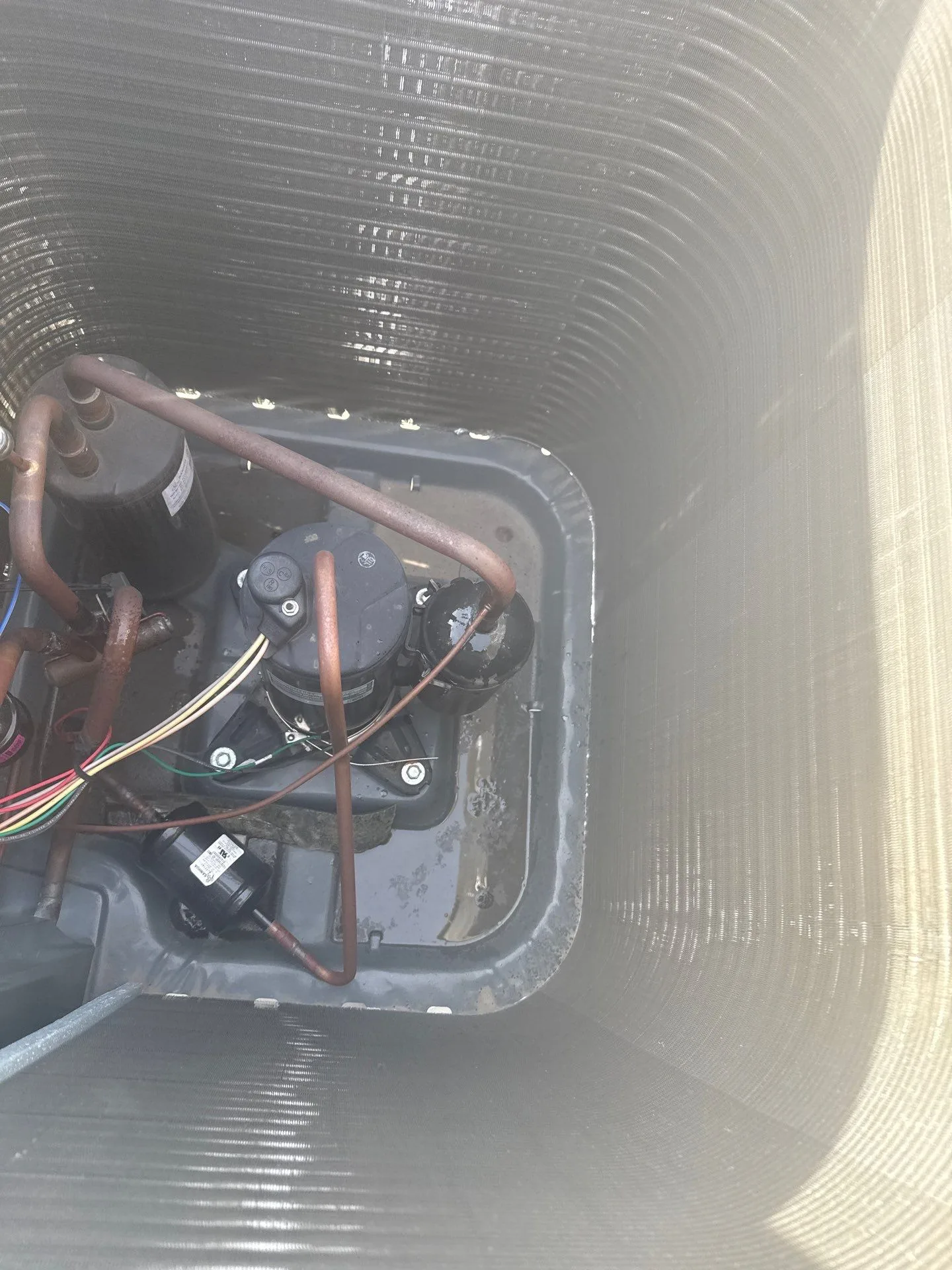 Open condenser showing compressor and electrical components