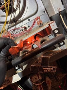 Heating burner flame and combustion area
