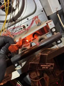 Heating burner flame and combustion area