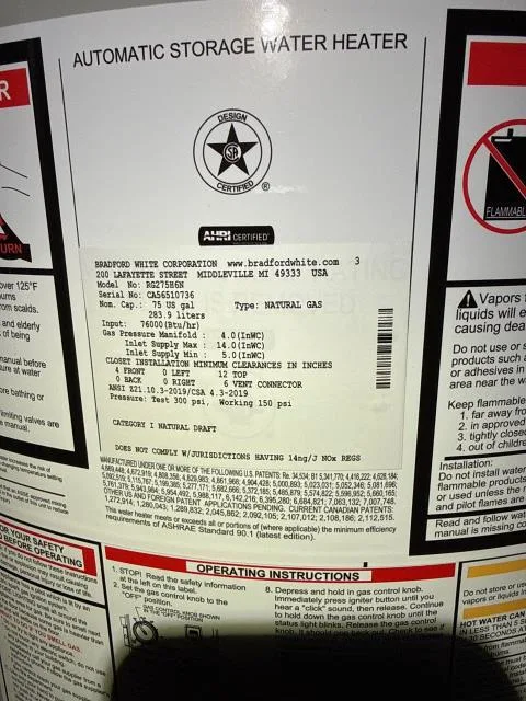 We replaced an old water heater with a bradford white 75-gallon natural gas model, installed new valves, an expansion tank, and ensured everything worked perfectly. Now, the home enjoys reliable hot water service with a 6-year warranty.