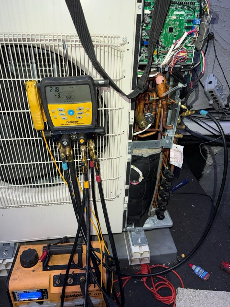 Home rangers ductless mini-split repair photo showing refrigerant diagnostics on an outdoor mini-split heat pump unit