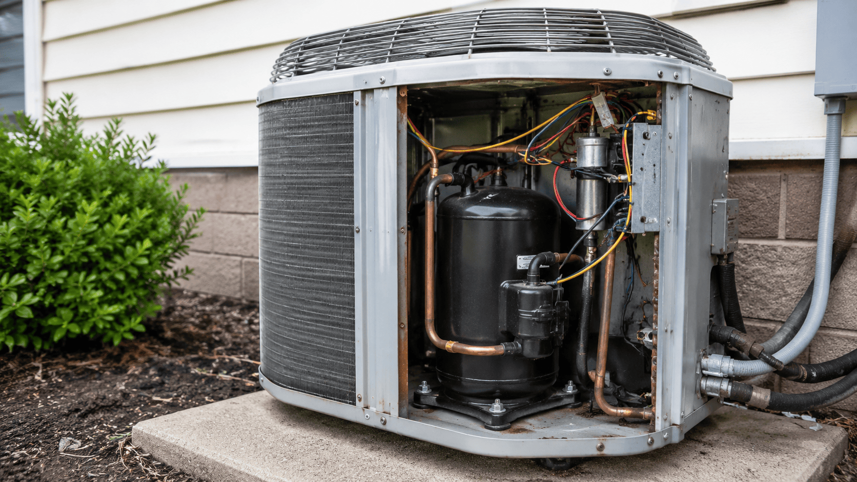 Outdoor ac condenser with exposed compressor components for replacement cost guide