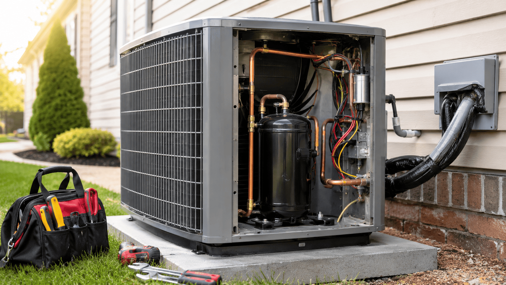 Ac compressor replacement service image Open residential ac condenser with visible compressor and hvac repair tools