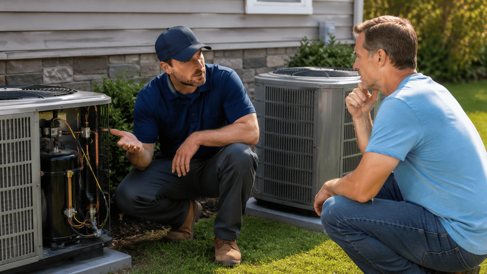 Ac compressor replacement vs full ac replacement decision guide Hvac technician advising homeowner on ac compressor replacement versus full system replacement