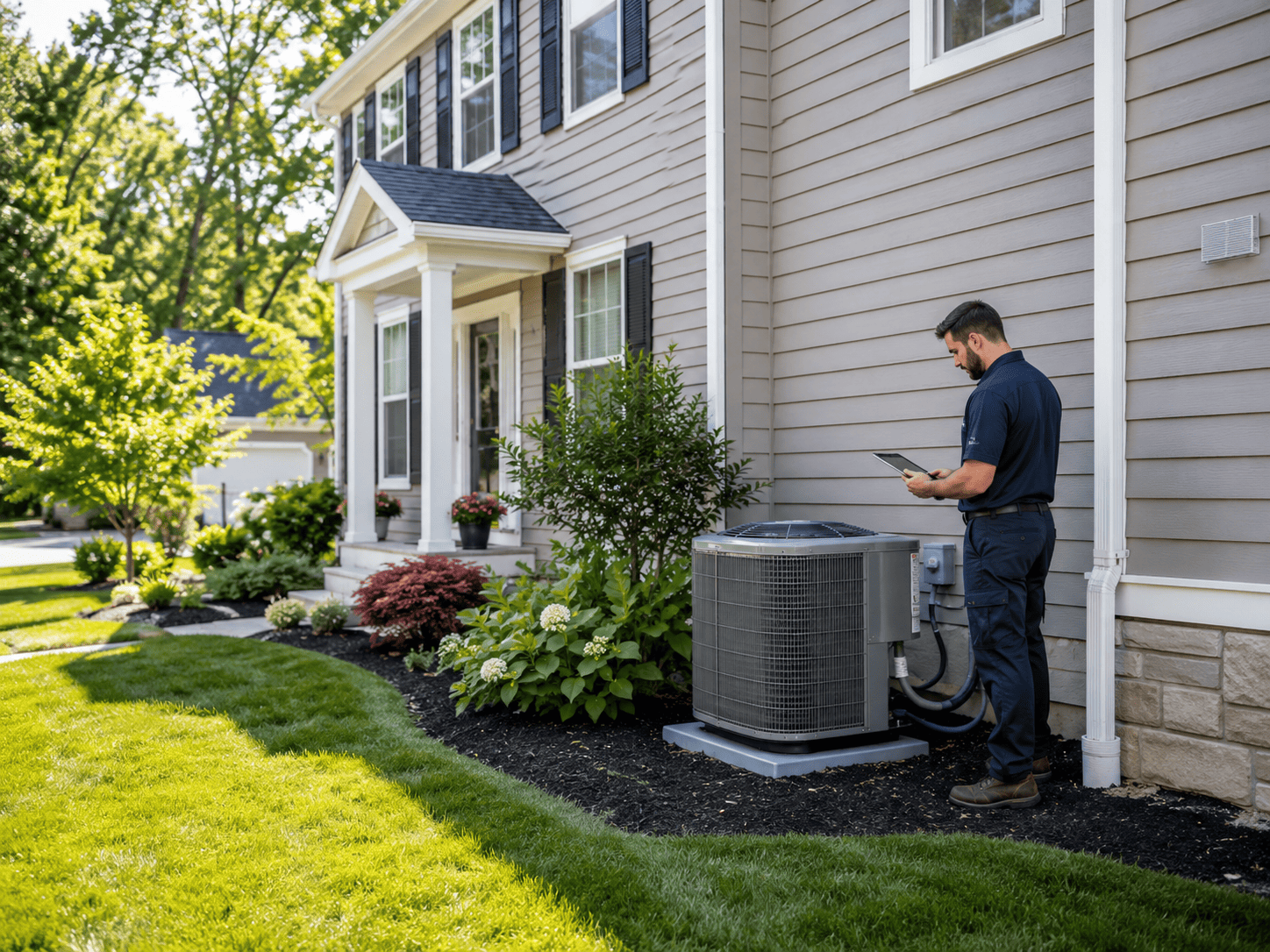 Hvac technician inspecting an outdoor ac unit at a pennsylvania home