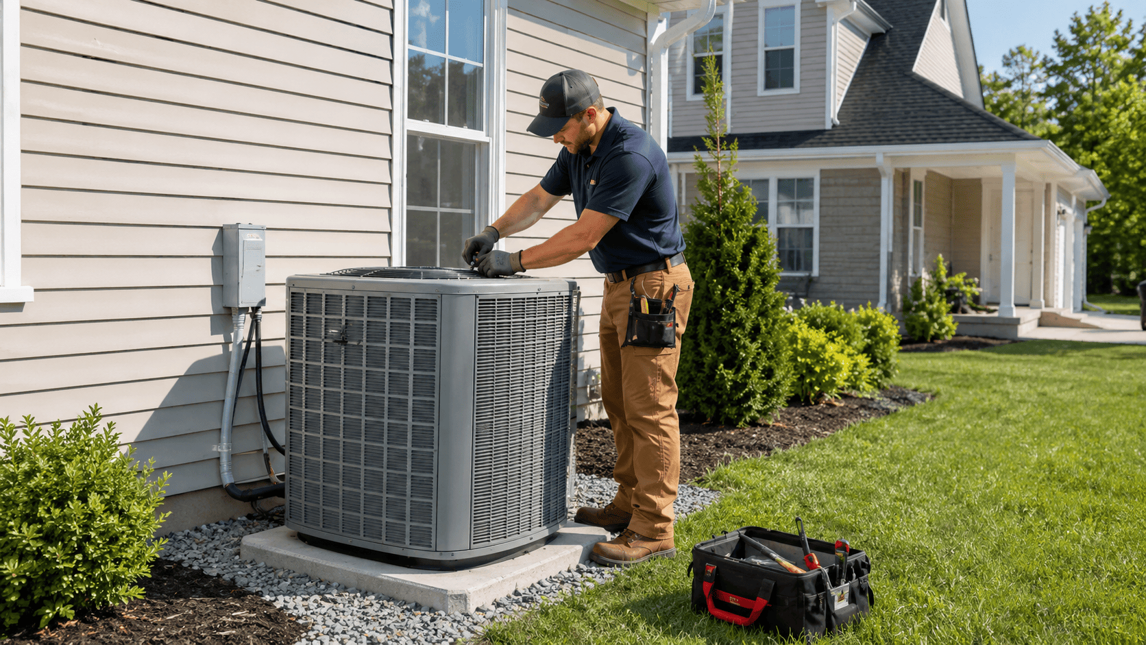 Hvac technician installing a central air conditioning unit outside a home