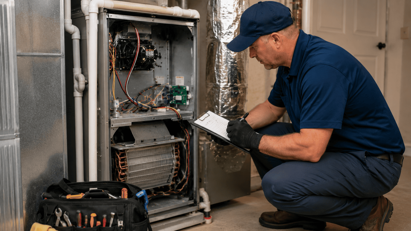 Factors that affect ac repair cost Technician checking indoor hvac components that affect ac repair cost