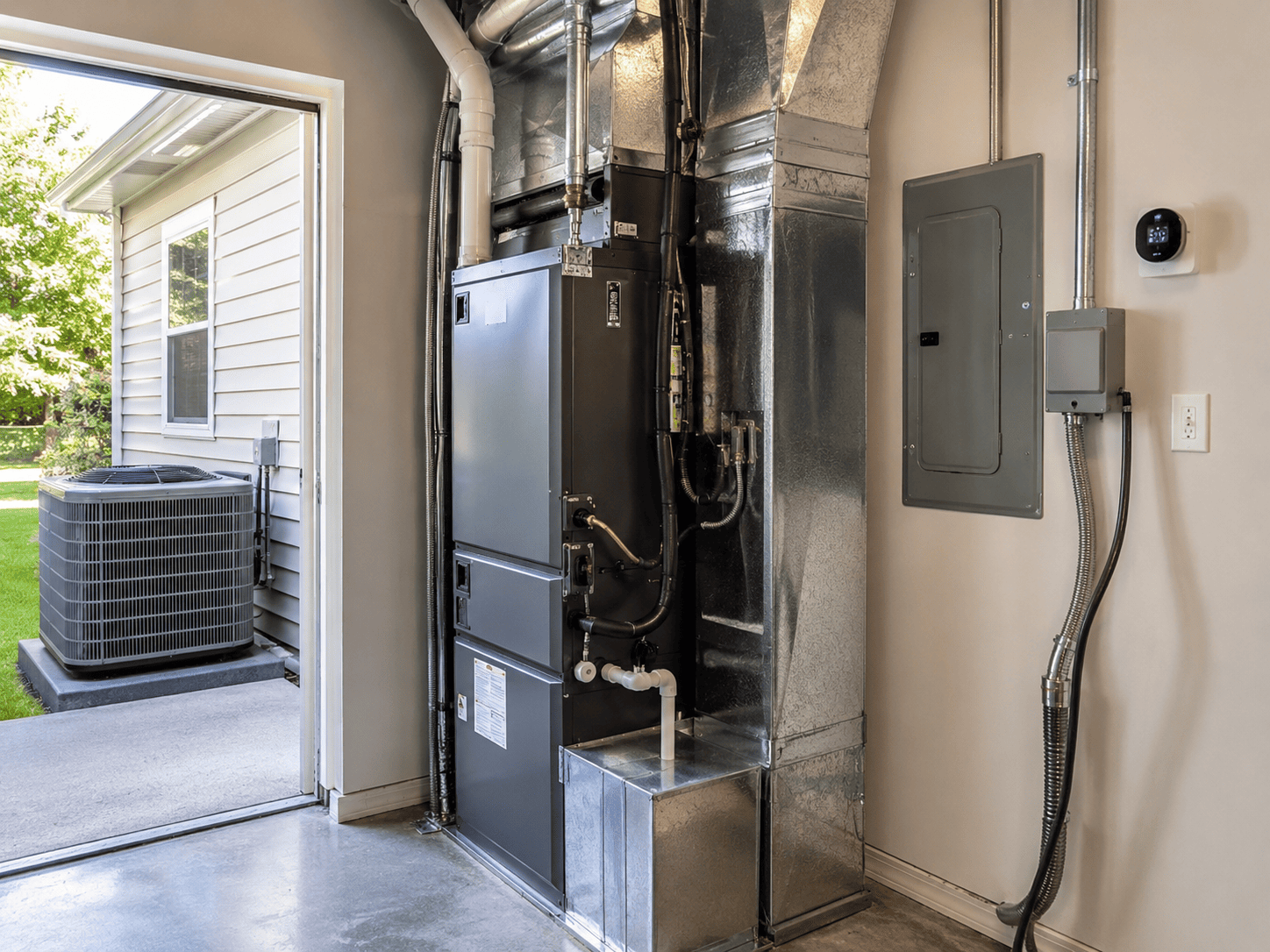 Indoor hvac system with ductwork, electrical panel, thermostat, and outdoor ac unit visible