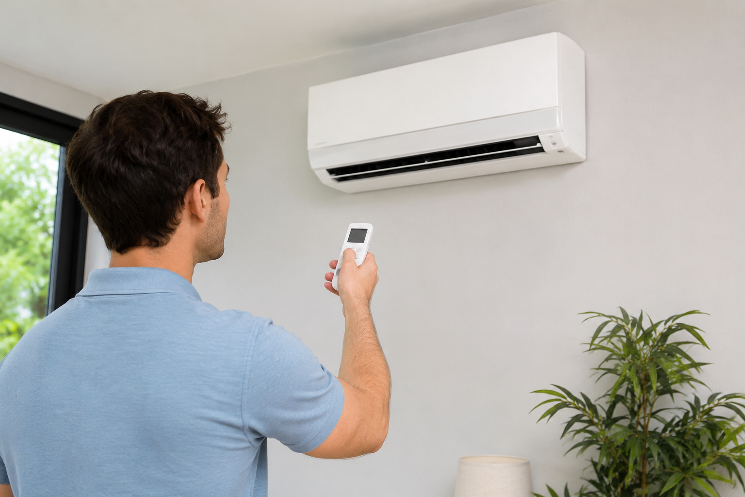 How to lower mini split installation costs Homeowner adjusting a wall-mounted mini split system to improve comfort and reduce energy costs