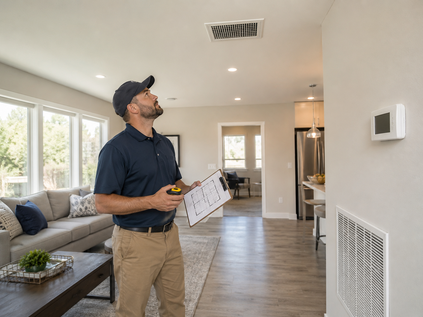 Hvac technician inspecting home layout and vents to choose the right ac size