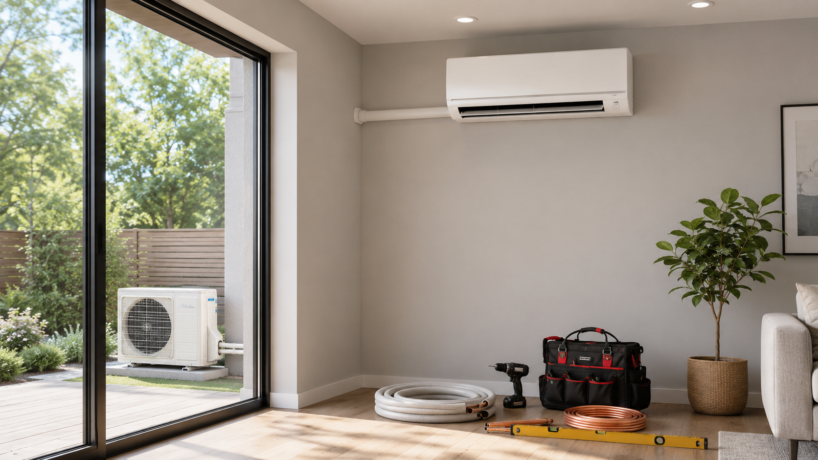 Mini split installation with indoor wall unit, outdoor condenser, and hvac tools prepared for setup