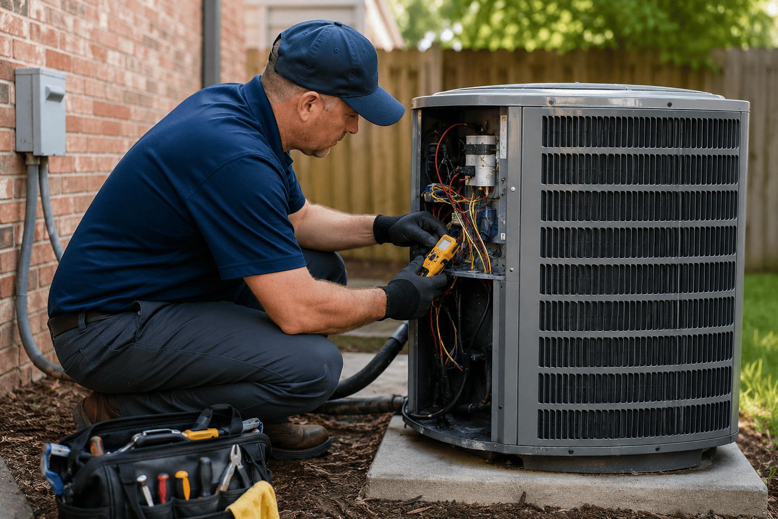 Ac repair technician checking an outdoor air conditioner condenser during hvac service