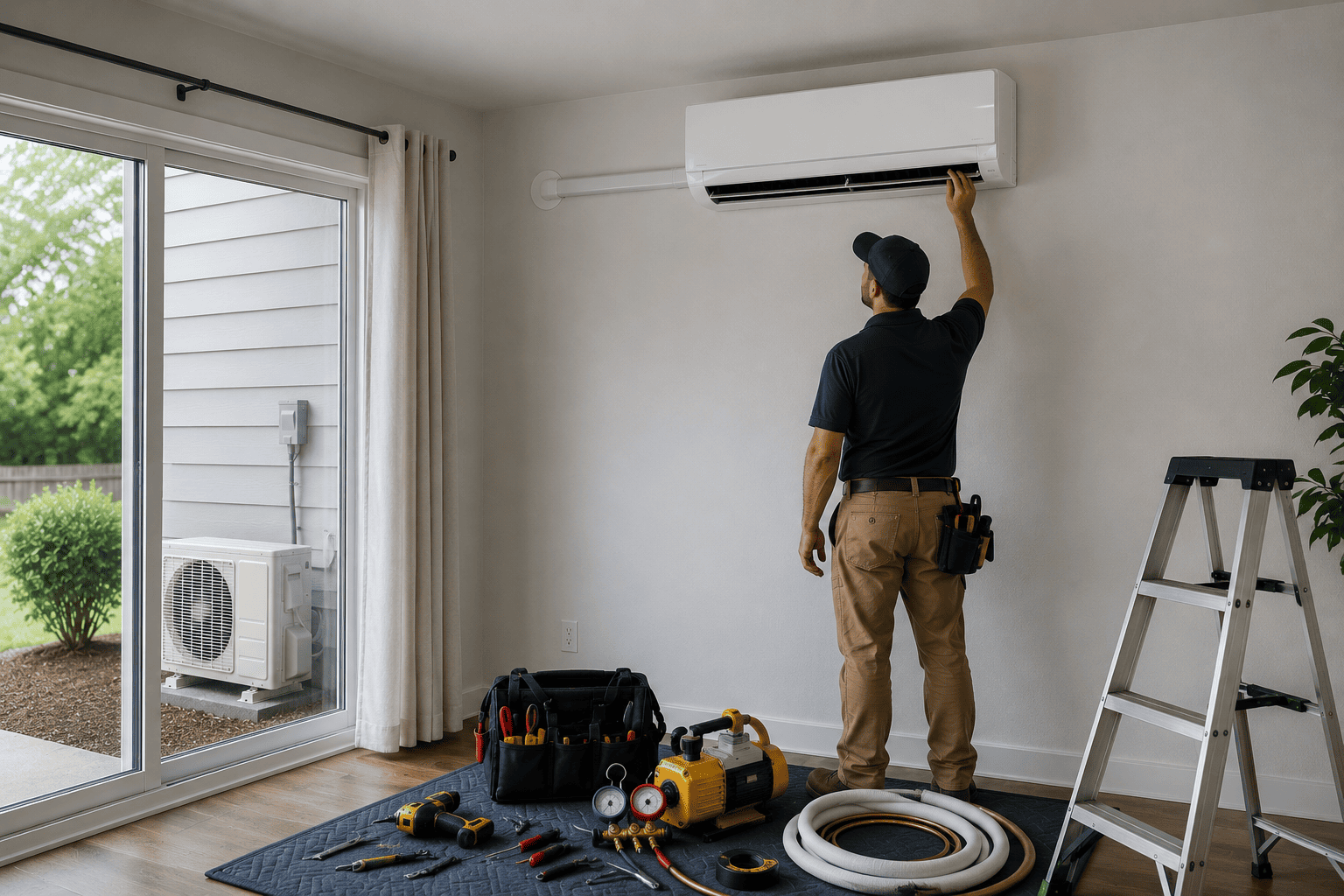 Professional mini split installation checklist Hvac technician checking a high-mounted indoor mini split unit with tools and outdoor condenser nearby