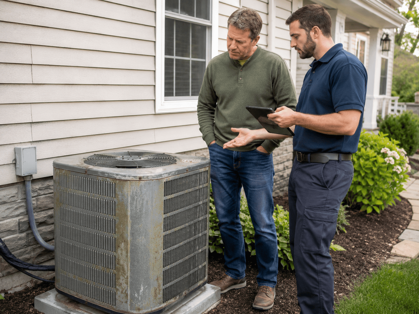Homeowner and hvac technician reviewing an old outdoor air conditioner before replacement