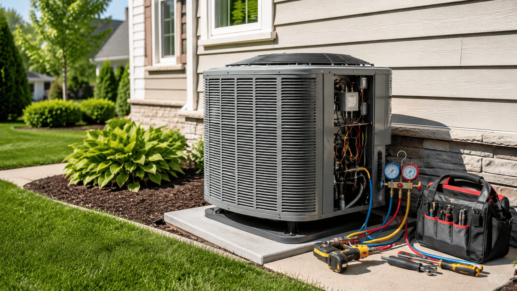 Ac tune-up service setup with outdoor air conditioning unit and hvac tools