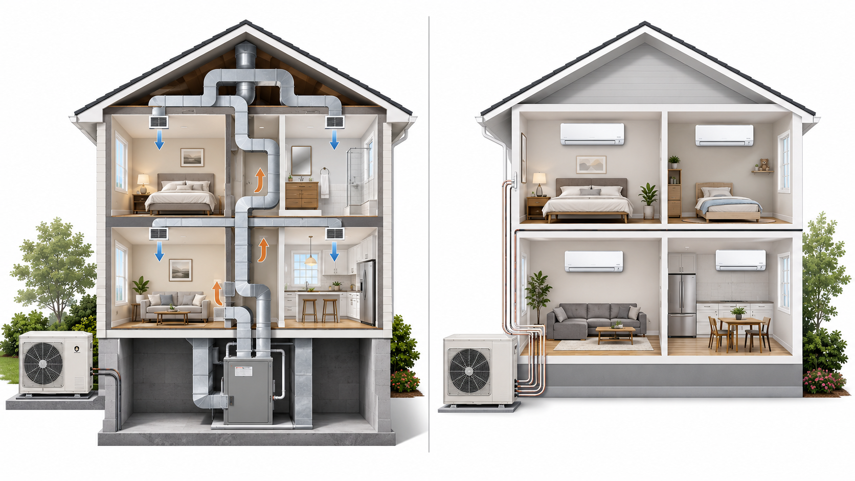 Central ducted vs ductless mini-split heat pump comparison A split-screen infographic comparing a central ducted air source heat pump system with an indoor air handler against a multi-zone ductless mini-split system layout.