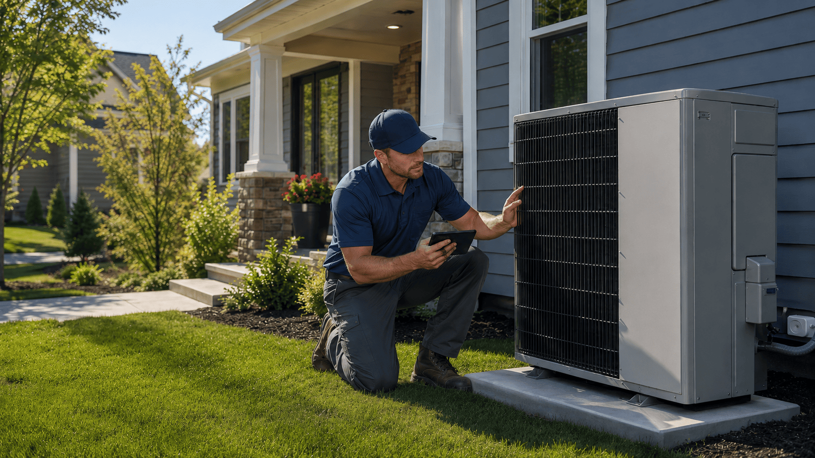 Professional hvac technician inspecting an outdoor heat pump unit near a suburban home