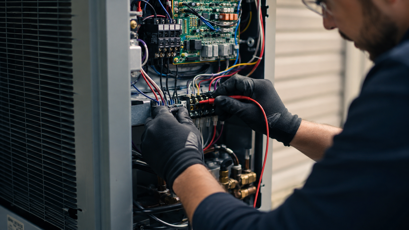 Heat pump electrical repair by certified hvac technician Hvac technician repairing heat pump wiring and electrical components during professional maintenance service