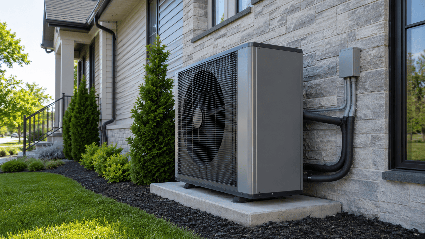 A modern energy-efficient central heat pump unit installed outside a suburban residential home