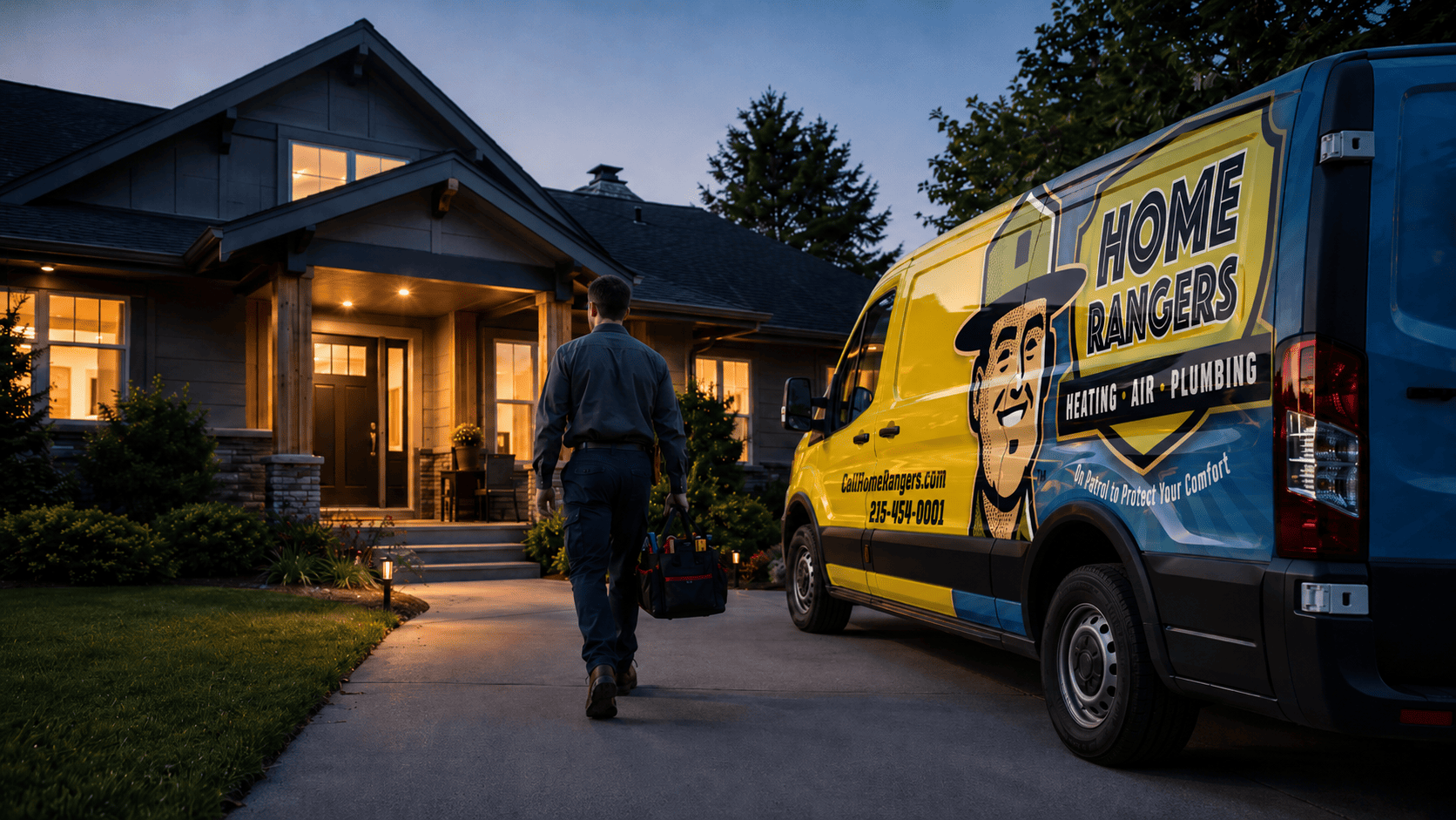 Residential hvac service visit by home rangers technician Home rangers hvac technician arriving for residential heating and air conditioning service