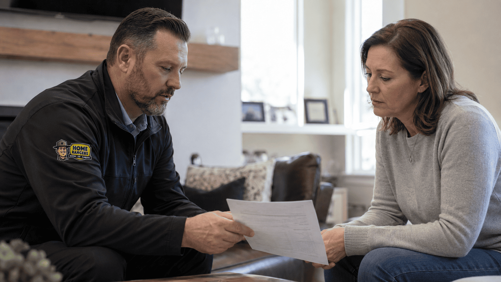 In-home hvac consultation by home rangers Home rangers hvac expert discussing heating and air service estimate with homeowner at home