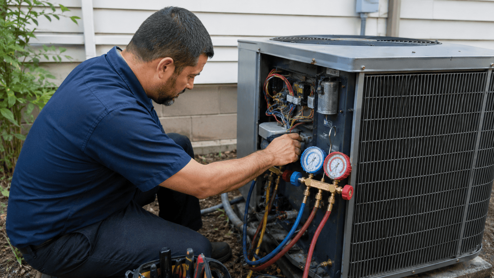 Is an ac tune-up worth it for homeowners Hvac technician performing ac tune-up maintenance on outdoor air conditioning unit