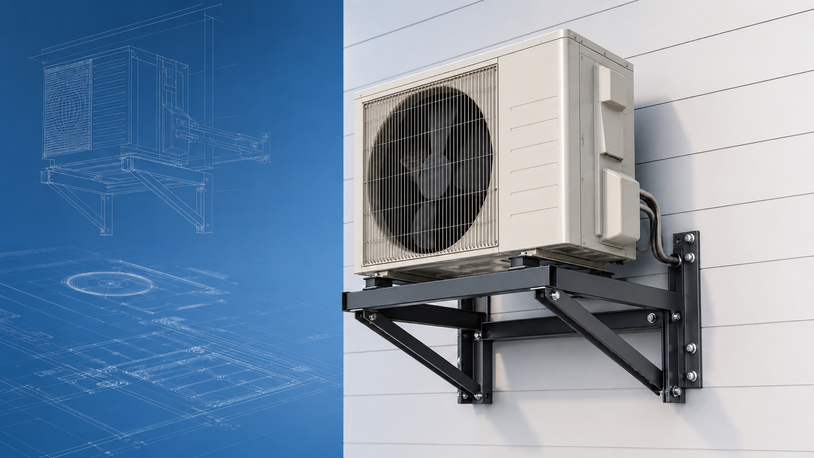 Outdoor heat pump wall mounting options 3d infographic diagram showing an outdoor heat pump installation with a condenser unit mounted on an elevated wall bracket against a house wall.