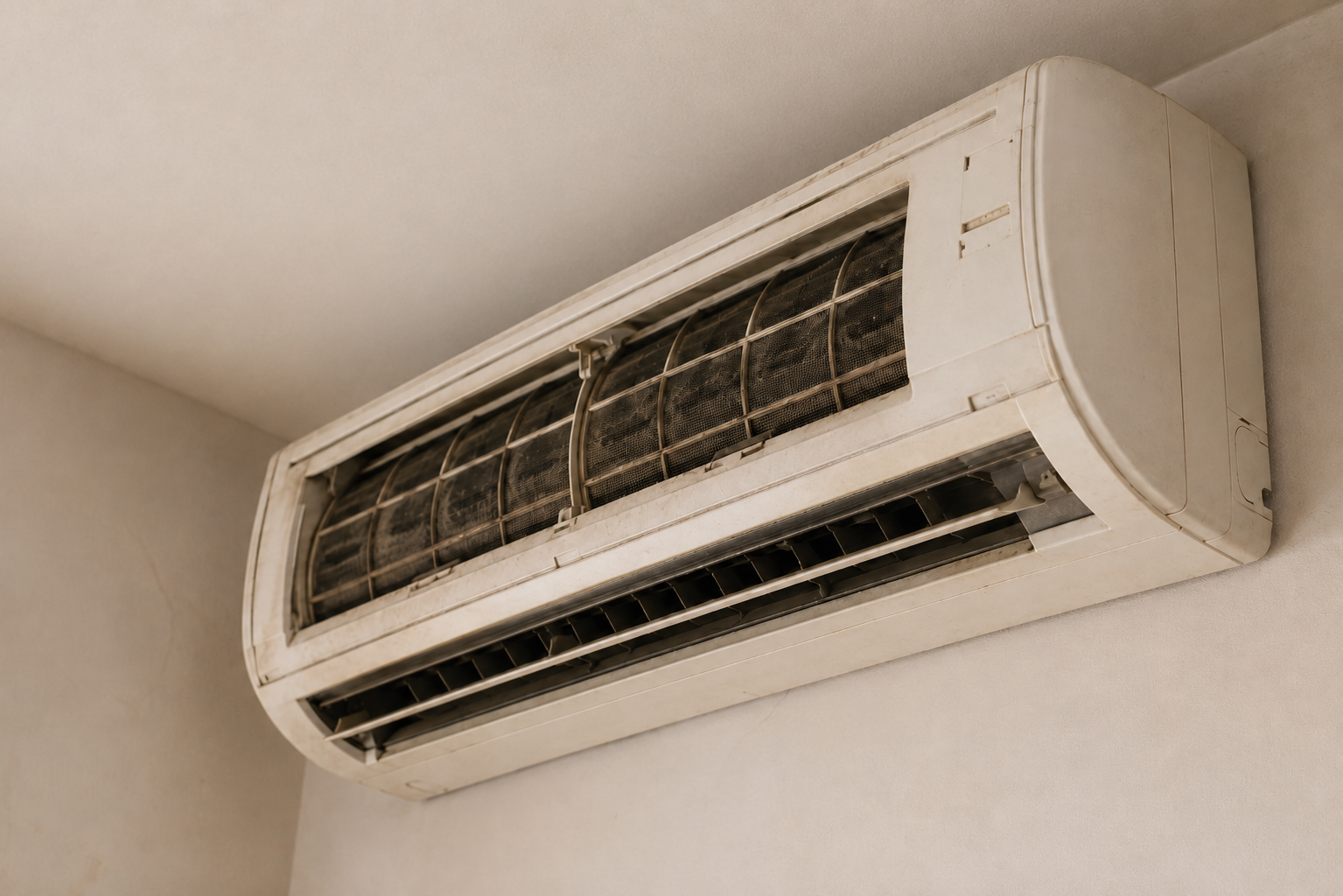 Signs your ac needs a tune-up Dirty wall-mounted air conditioner showing signs it needs an ac tune-up