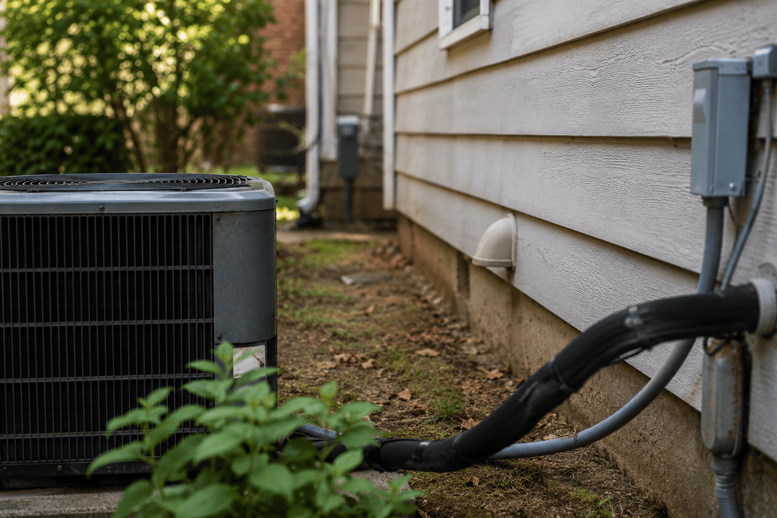 What affects the cost of an ac tune-up Outdoor ac unit with utility lines showing factors that affect ac tune-up cost