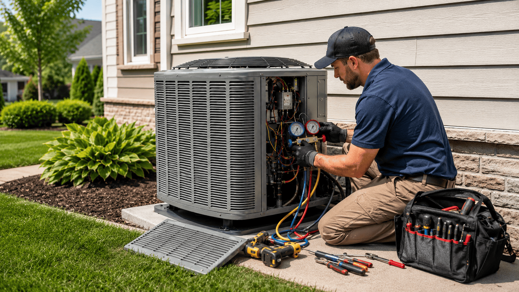 What is included in an ac tune-up service Hvac technician performing ac tune-up on outdoor air conditioning unit