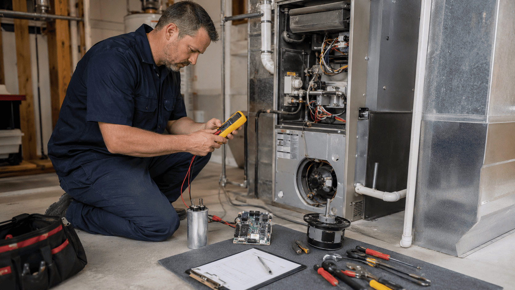 Hvac technician testing furnace components to determine the cost of repair