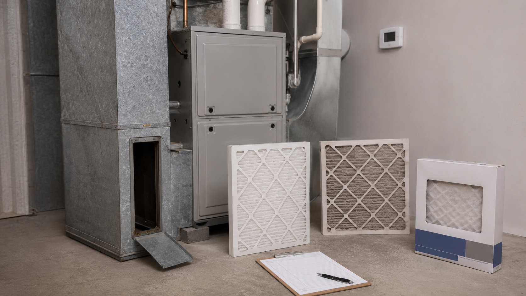 Clean and dirty hvac air filters beside a maintained residential furnace