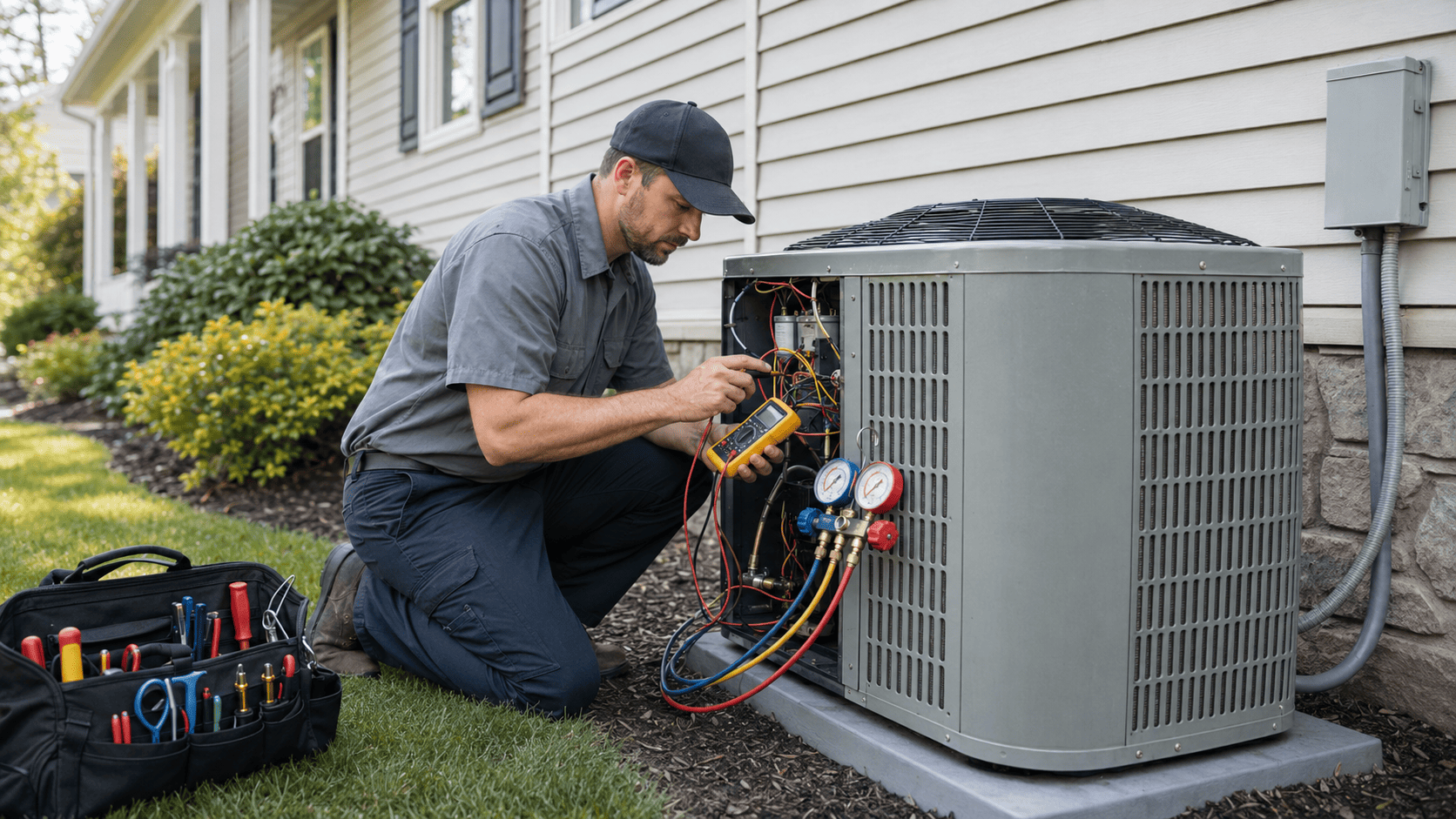 Hvac technician diagnosing an outdoor air conditioning unit to determine repair costs