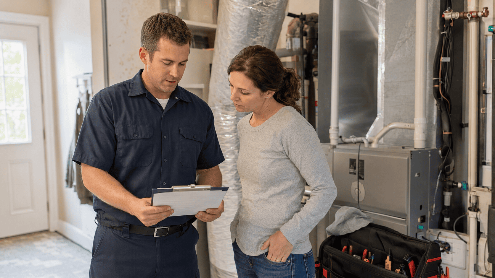 Hvac technician reviewing a written repair estimate with a homeowner