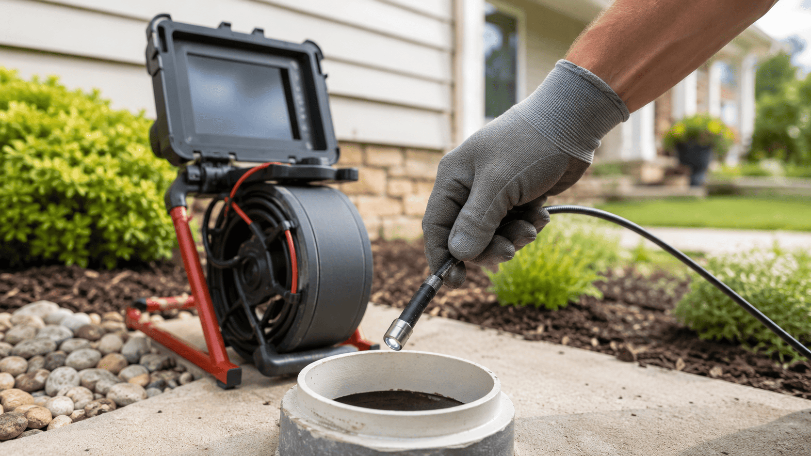 Plumber inspecting a sewer pipe with a camera through an open cleanout outside a house