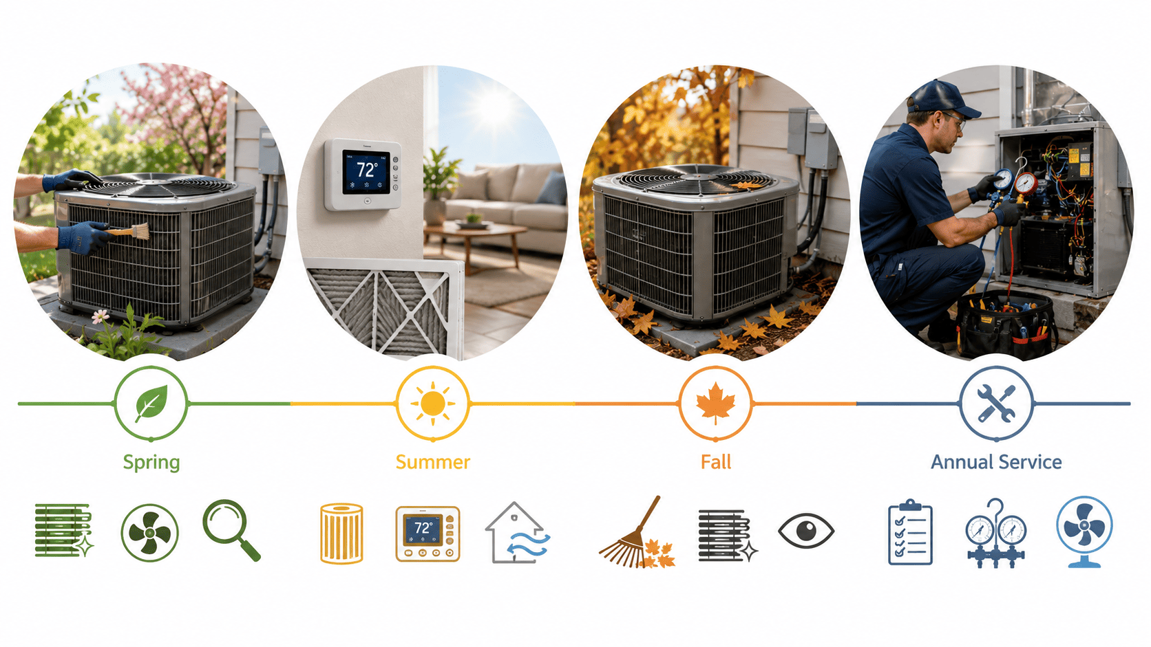 Seasonal ac maintenance schedule showing spring, summer, fall, and annual service tasks