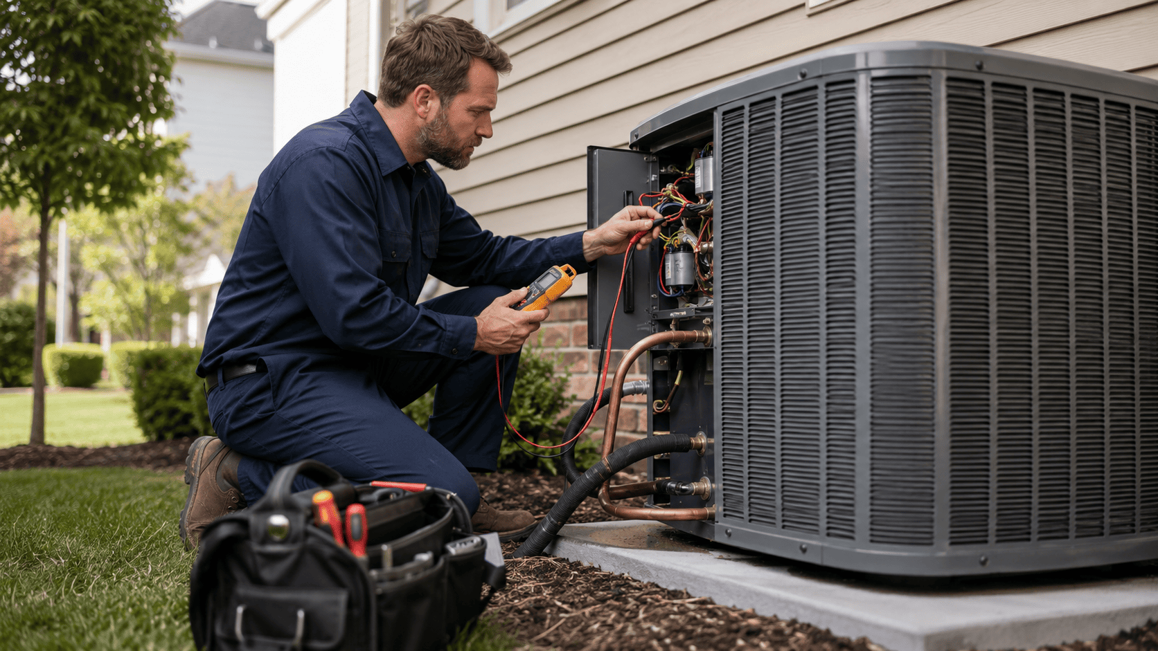 Hvac technician performing professional ac maintenance on an outdoor air conditioning unit