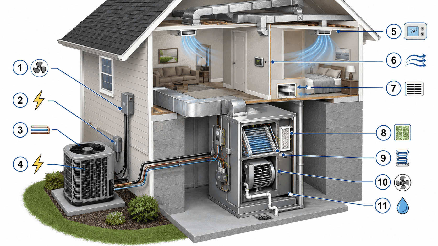 Residential ac maintenance checklist showing the main indoor and outdoor hvac components