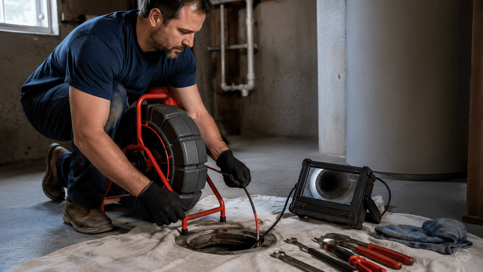 Plumber running a sewer camera inspection to check pipe condition