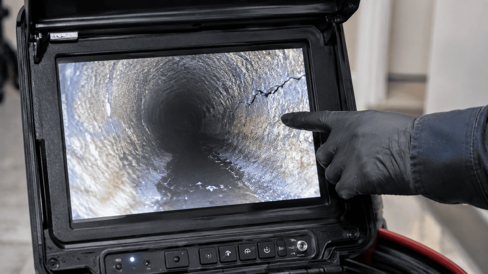 Monitor screen showing the inside of a drain pipe with a crack during a camera inspection