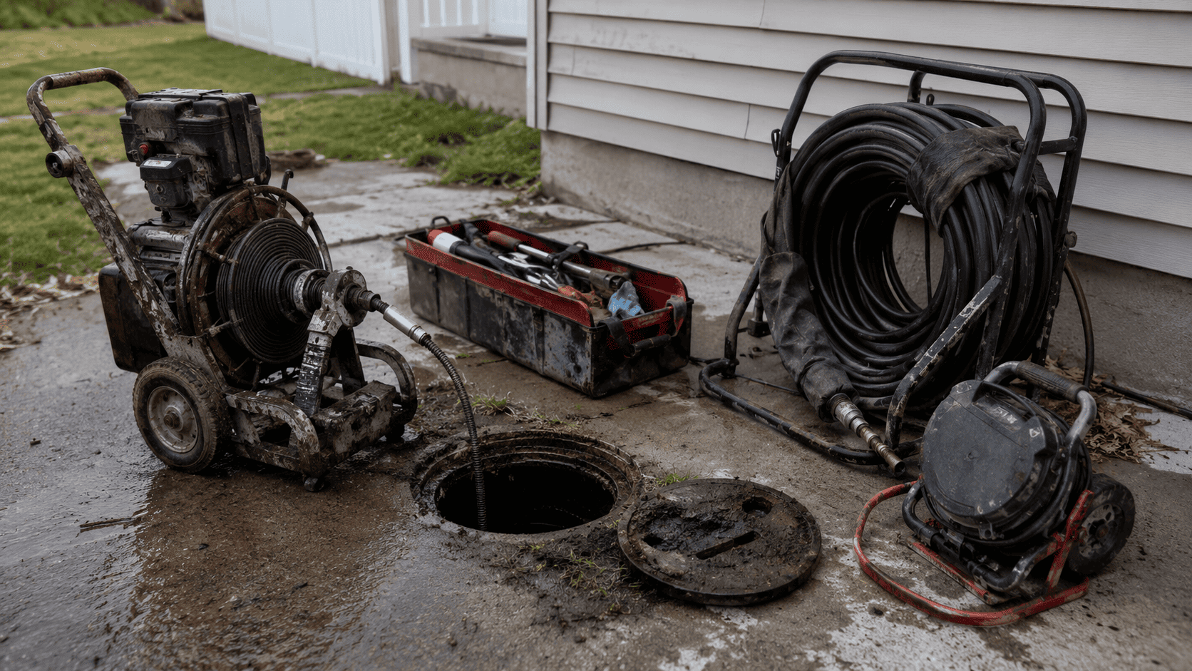 Drain snaking machine, hydro jetting hose, and sewer camera equipment at a residential cleanout