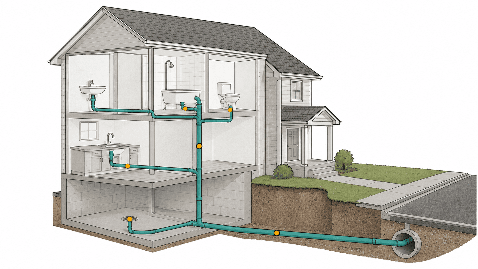 Cross-section diagram showing common drain clog locations from fixtures to the main sewer line