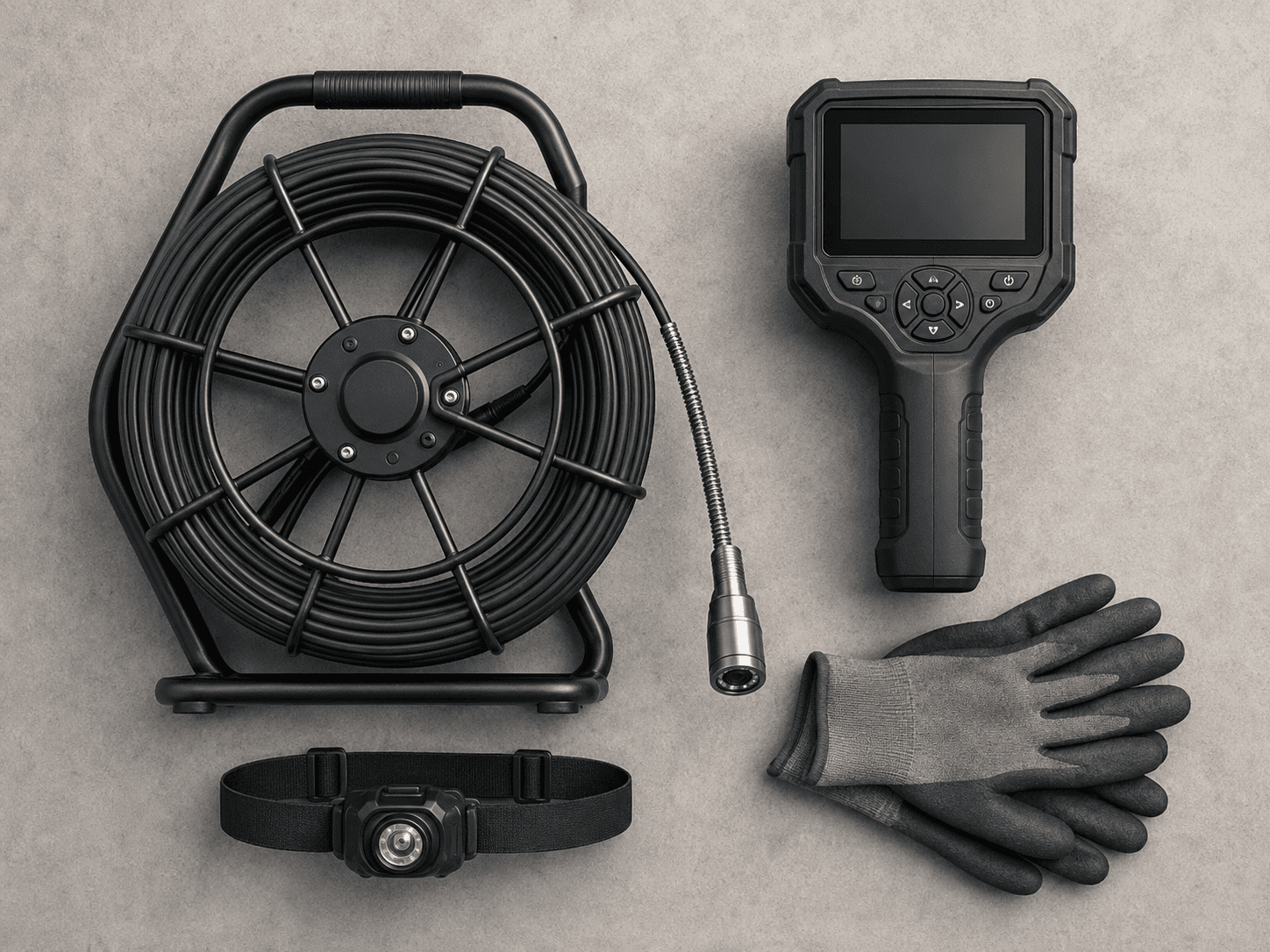 Professional drain inspection camera equipment including a cable reel and handheld monitor