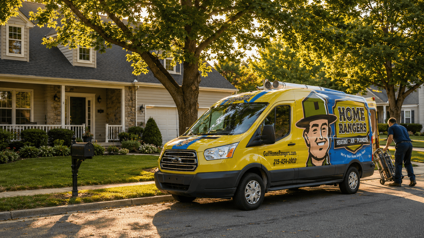 Home rangers service van parked outside a suburban home with technician unloading equipment Home service van parked in front of a suburban house while a technician unloads equipment