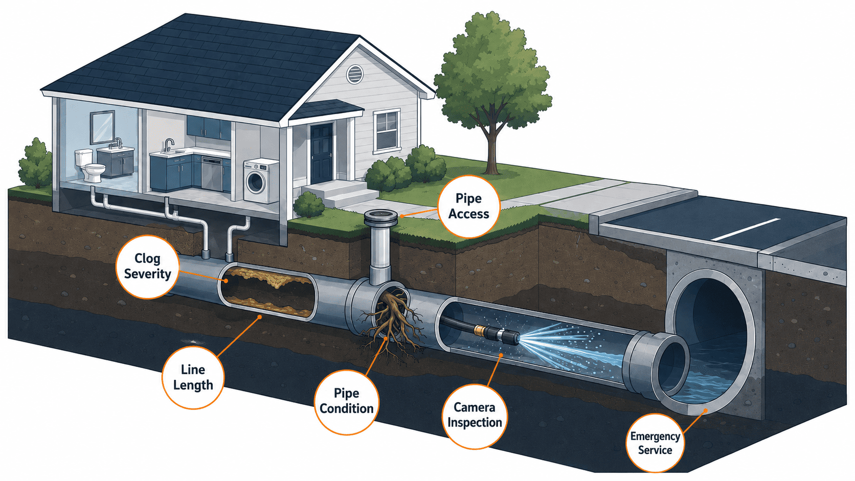 Cutaway diagram of a sewer line showing factors that affect hydro jetting cost