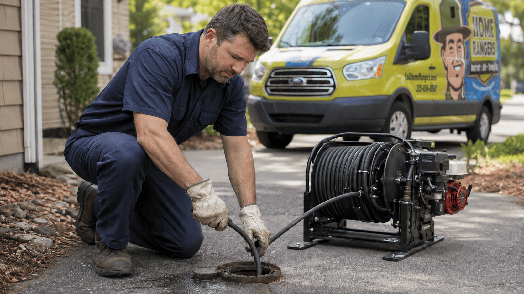 Plumber operating a hydro jetting machine at a home sewer cleanout